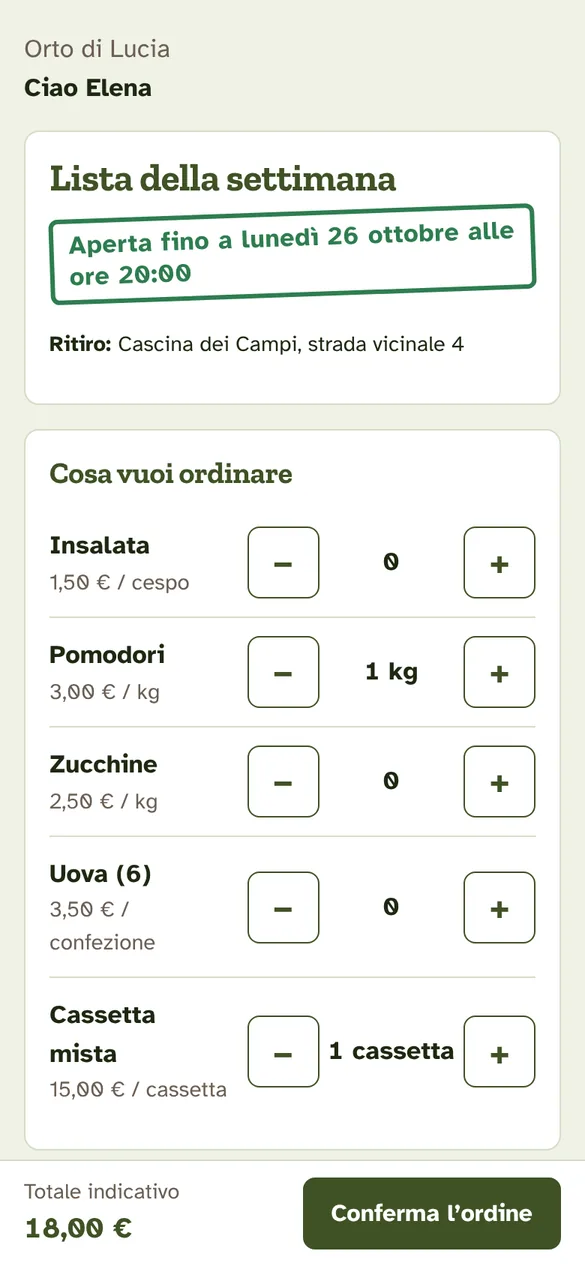 La pagina che vedono i clienti: i prodotti della settimana con i pulsanti più e meno, la scadenza e il totale