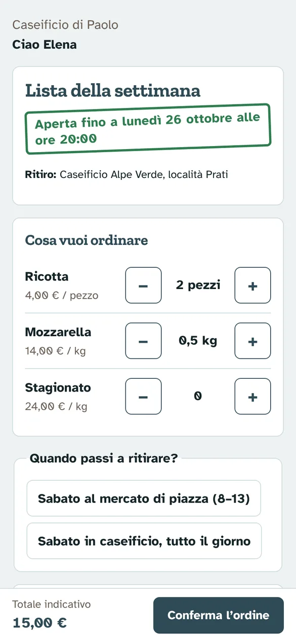 La pagina che vedono i clienti: i prodotti della settimana con i pulsanti più e meno, la scadenza e il totale