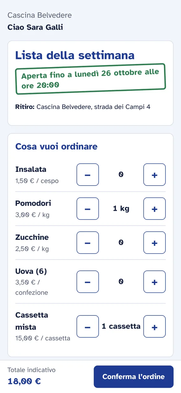 La pagina che vede il cliente: i prodotti della settimana con i pulsanti più e meno, la scadenza e il totale