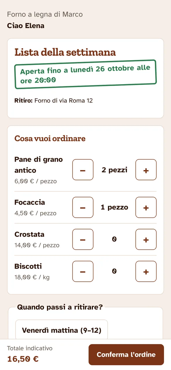 La pagina che vedono i clienti: i prodotti della settimana con i pulsanti più e meno, la scadenza e il totale