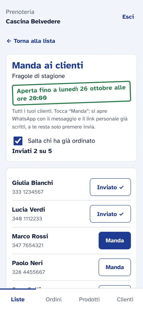 L’invio guidato: l’elenco dei clienti con il pulsante Manda e quelli già avvisati segnati come inviati