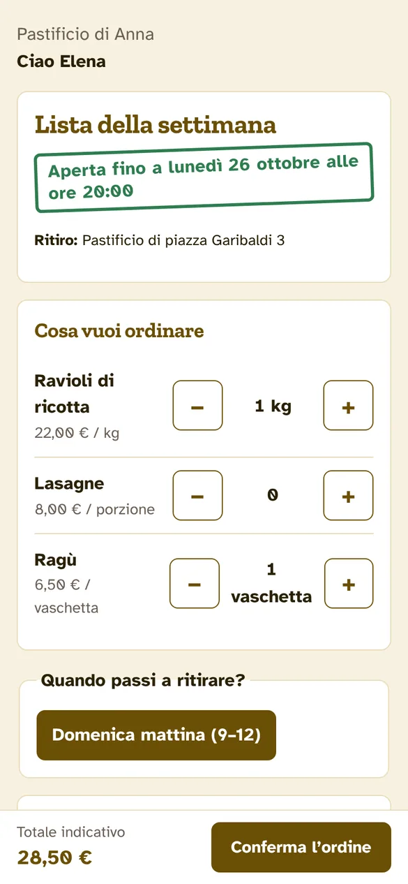 La pagina che vedono i clienti: i prodotti della settimana con i pulsanti più e meno, la scadenza e il totale